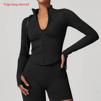 Women Seamless Zipper Jacket Yoga Long Sleeved Gym Top Ribbed Yoga Stand Collar Jacket Running Workout Sport Coat Women's Shirts - Empire P.E