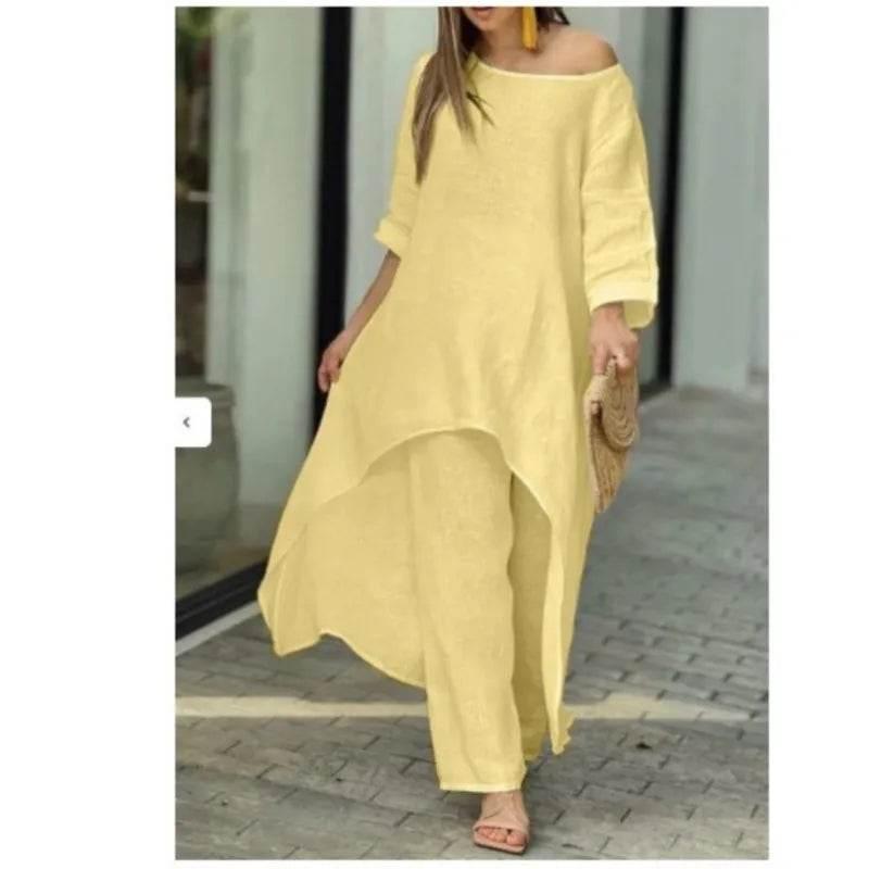 Women's Cotton Linen Long Pants Sets Fashion Solid Casual Irregular Tops Wide Leg Pant Suits Office Lady Two Piece Sets Clothes - Empire P.E