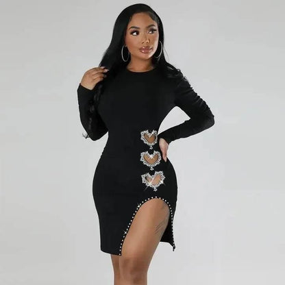Spring Summer New Women's Solid Color Hollowed Heart Shape Rhinestone round Neck Long Sleeve Mini Skirt - Empire P.E