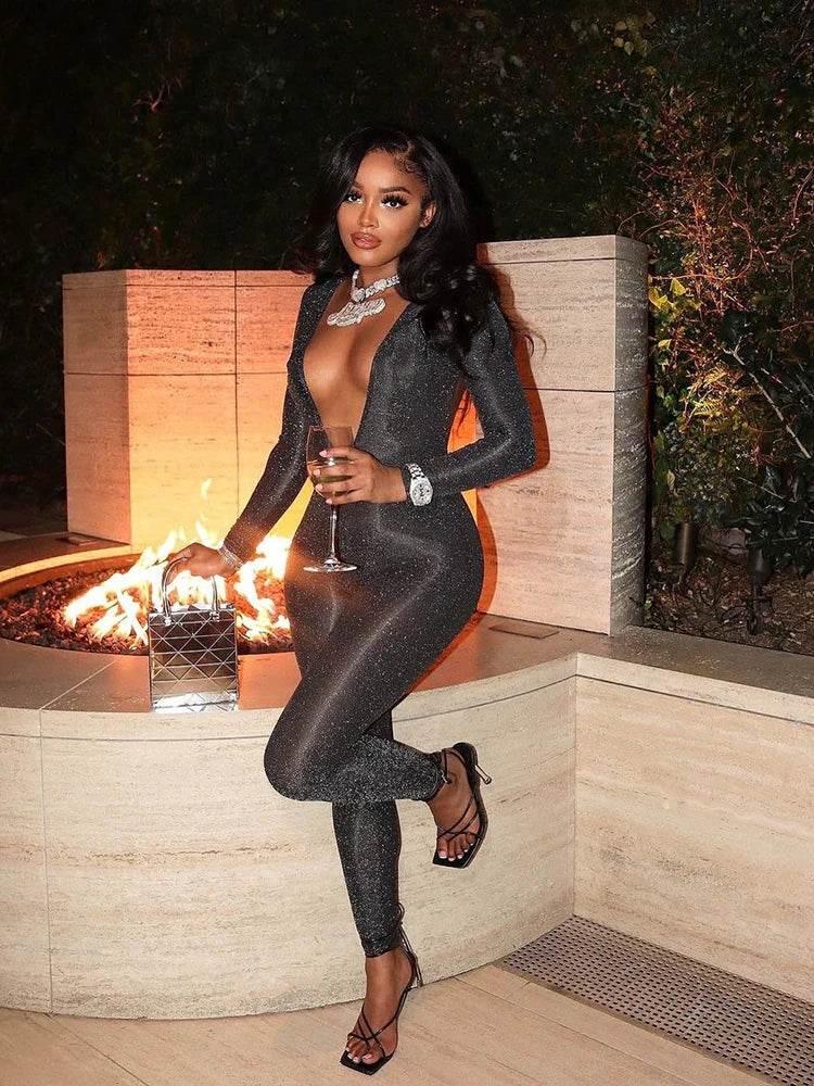 Hugcitar Bling Glitter Women Deep V Neck Backless Skinny Jumpsuit 2022 New Bodycon Sexy Streetwear Party Club Elegant Shine - Empire P.E