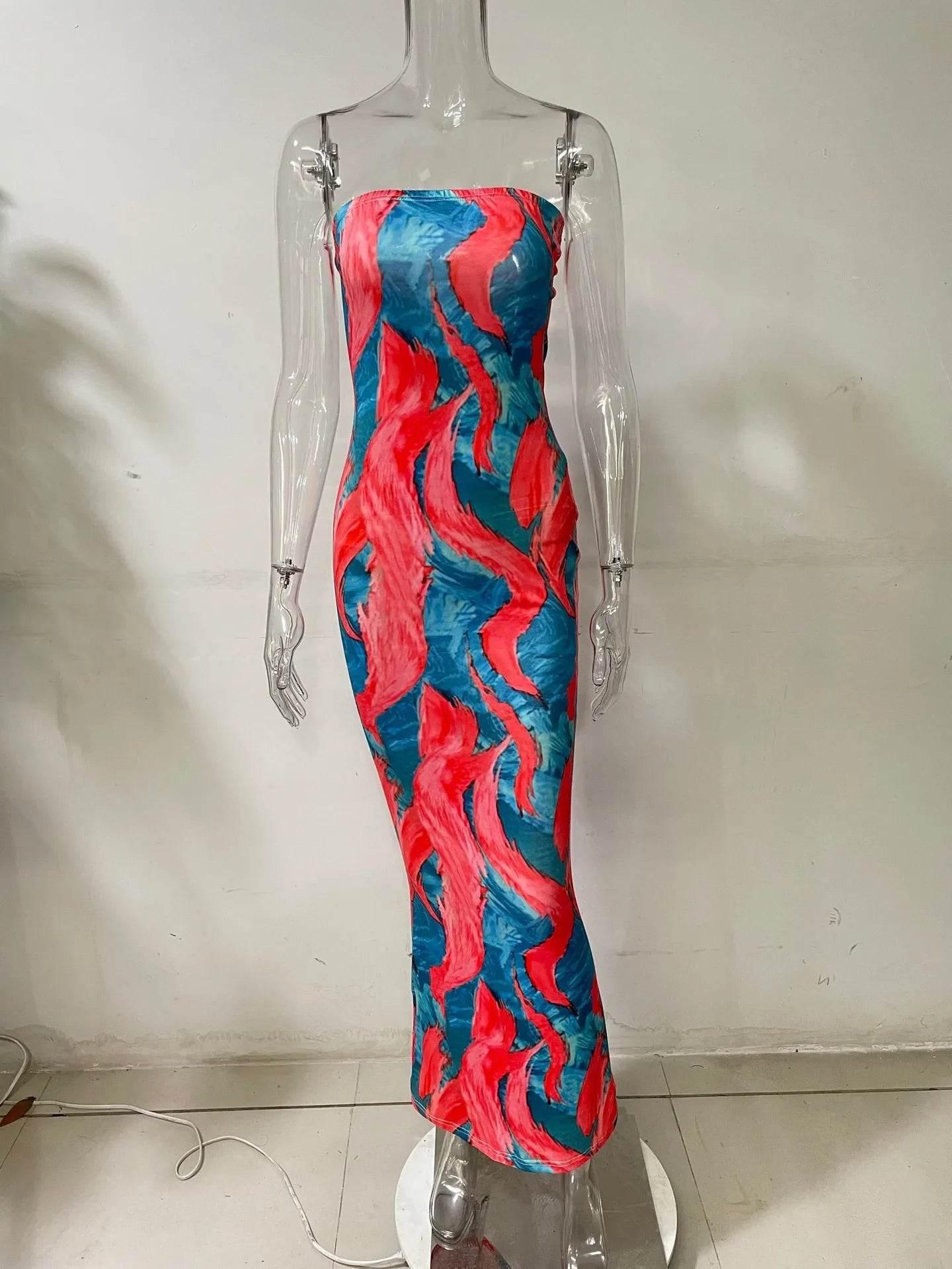 Spring And Summer Dresses For Women Chest Wrap Printed Off Shoulder Bandage Slim Sexy Long Dress 2023 New Fashion party MsChuh - Empire P.E