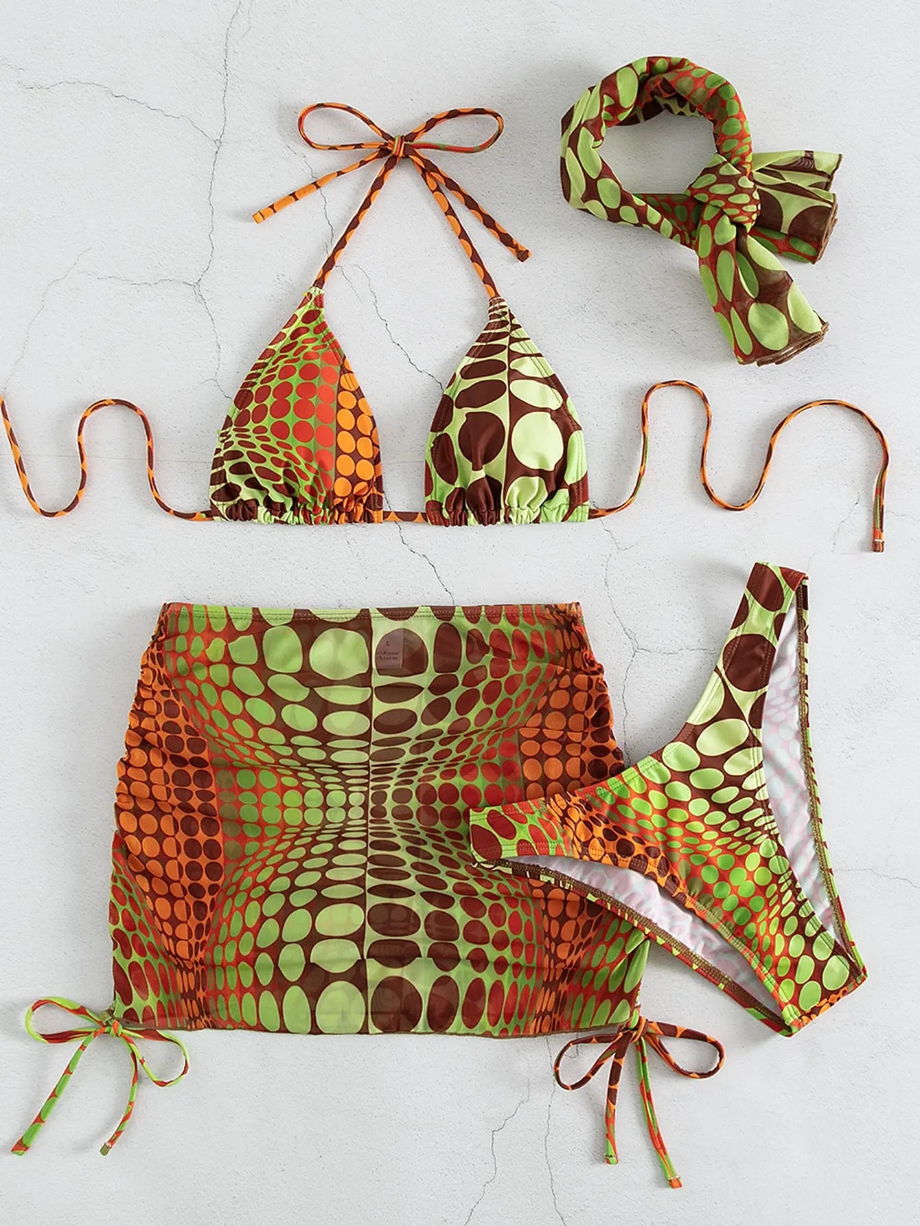 4 Pieces Random Dot Print Tie Side Halter Bikini Set & Beach Skirt