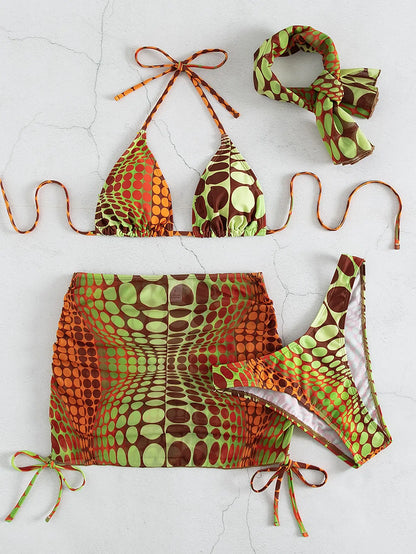4 Pieces Random Dot Print Tie Side Halter Bikini Set & Beach Skirt