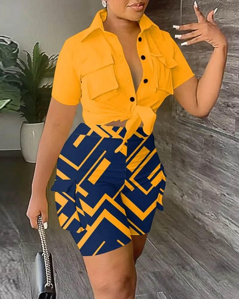 Pant Sets Women Printed Short Sleeved Shirt, 2-piece Suit With Pockets, Shoelace Top, Shorts, Thin Handbag, Summer - Empire P.E