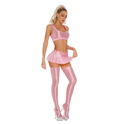 Glossy Lingerie Set Oil Shiny Tank Crop Tops With Miniskirt Stockings Outfits - Empire P.E