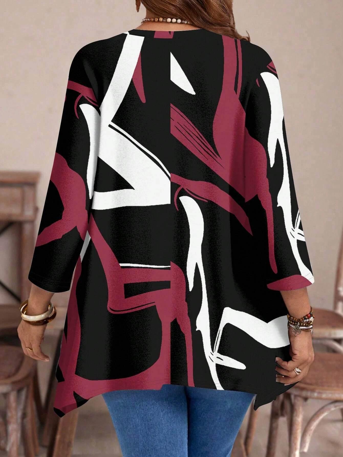 Plus Size Long Sleeve Abstract Print Tunic Top for Women with Asymmetrical Hemline - Empire P.E