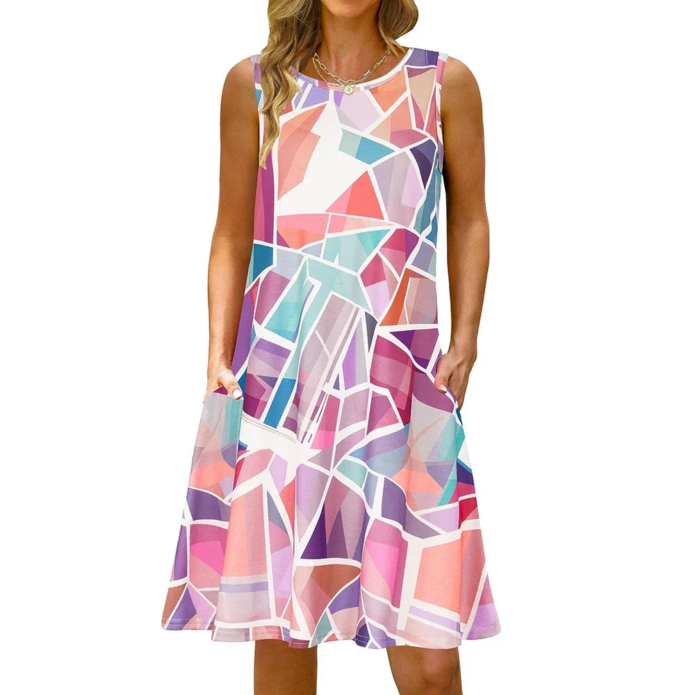 S-5Xl Colorful Printed O Neck Long Dress - Empire P.E