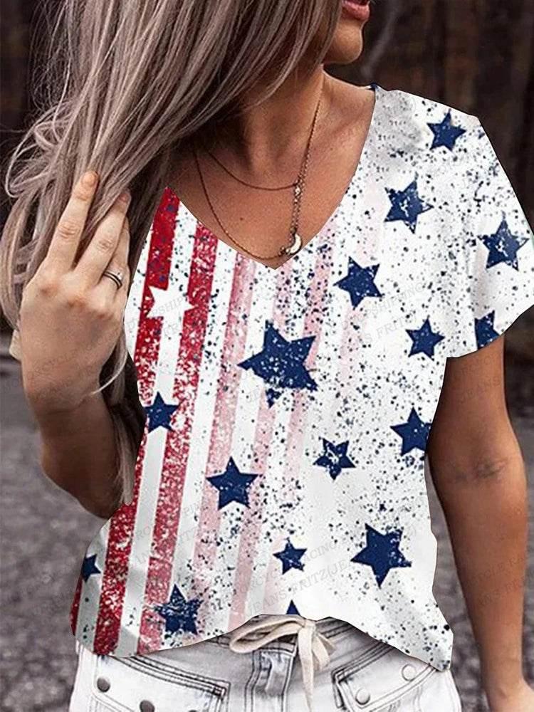 American Flag 3d Print T-shirt Women Fashion V-Neck T-shirts Short Sleeve Tops Tees Loose Casual Tees Vintage Camisetas USA Flag - Empire P.E
