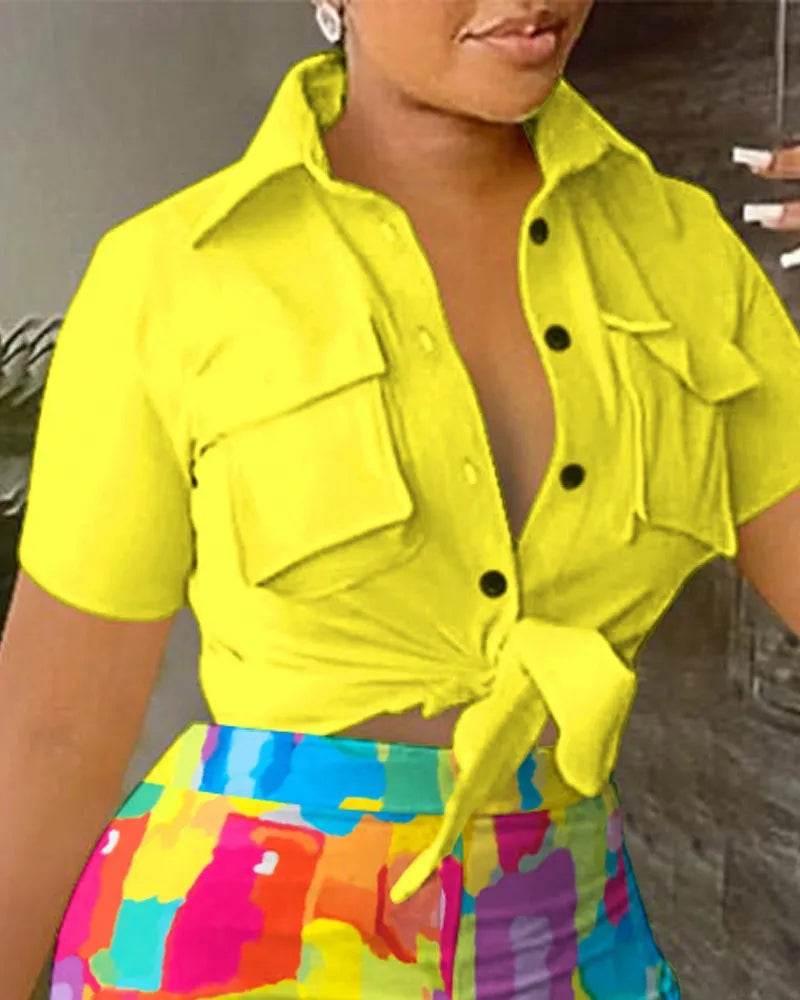 Pant Sets Women Printed Short Sleeved Shirt, 2-piece Suit With Pockets, Shoelace Top, Shorts, Thin Handbag, Summer - Empire P.E