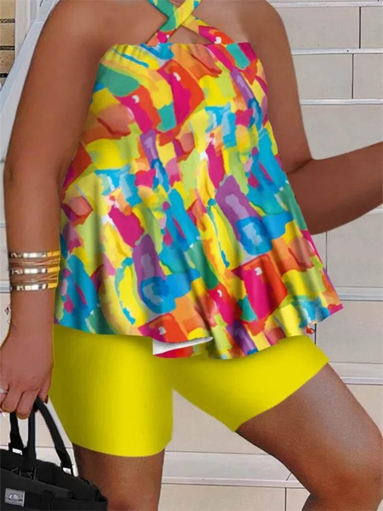 Wmstar Plus Size Two Piece Set Women Sleeveless Printed Short Sets Top Pants Sexy Suit Beach Summer Wholesale Dropshipping 2023 - Empire P.E