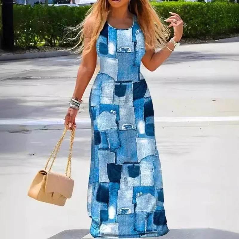 Women New Dress Denim Look Print U-Neck Maxi Dress Leisure Slit Slim Design Long Dress Fashion Solid Color Street Robe Dresses - Empire P.E