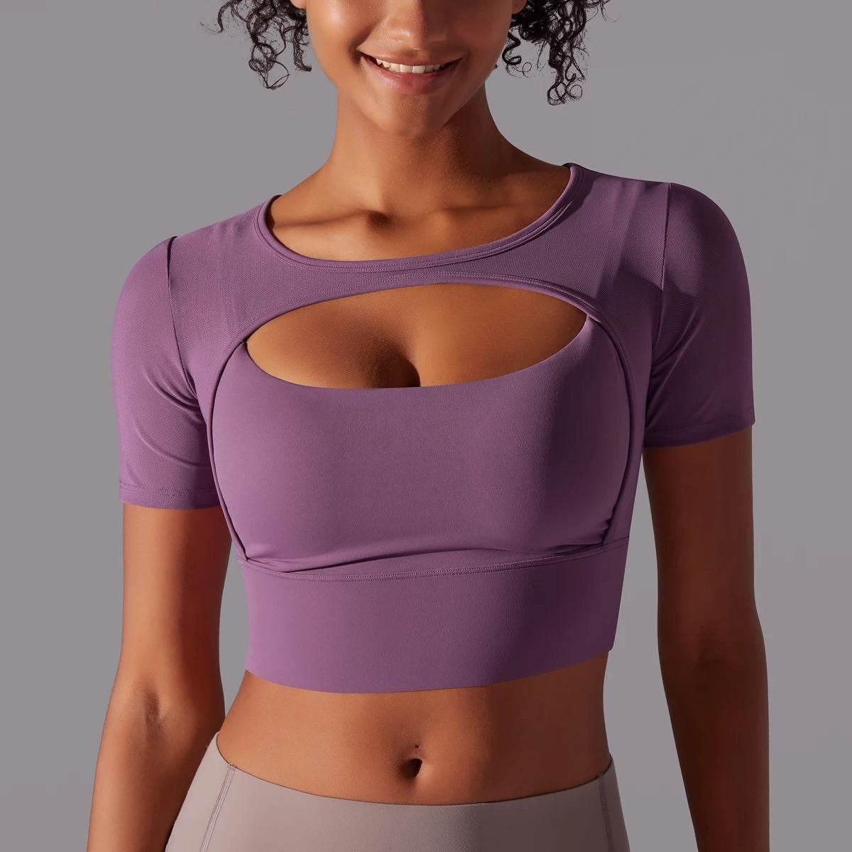 Solid Color Yoga Short Sleeve Sexy Double Layer Yoga Tank Top Spliced Mesh Yoga Clothing Top Fitness Running Sports Bra Women - Empire P.E