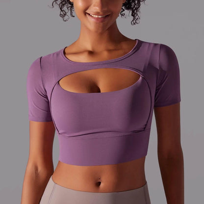 Solid Color Yoga Short Sleeve Sexy Double Layer Yoga Tank Top Spliced Mesh Yoga Clothing Top Fitness Running Sports Bra Women - Empire P.E