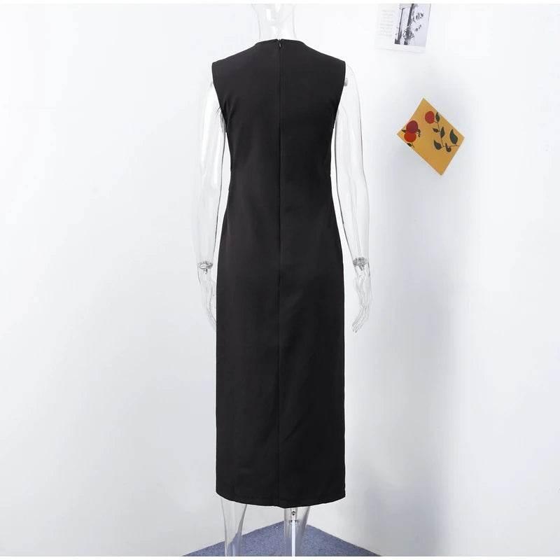 Black Long Dress Women With Belt Elegant Slim Single Breasted Sleeveless Front Split Dresses Female 2025 New Summer Lady Vestido - Empire P.E