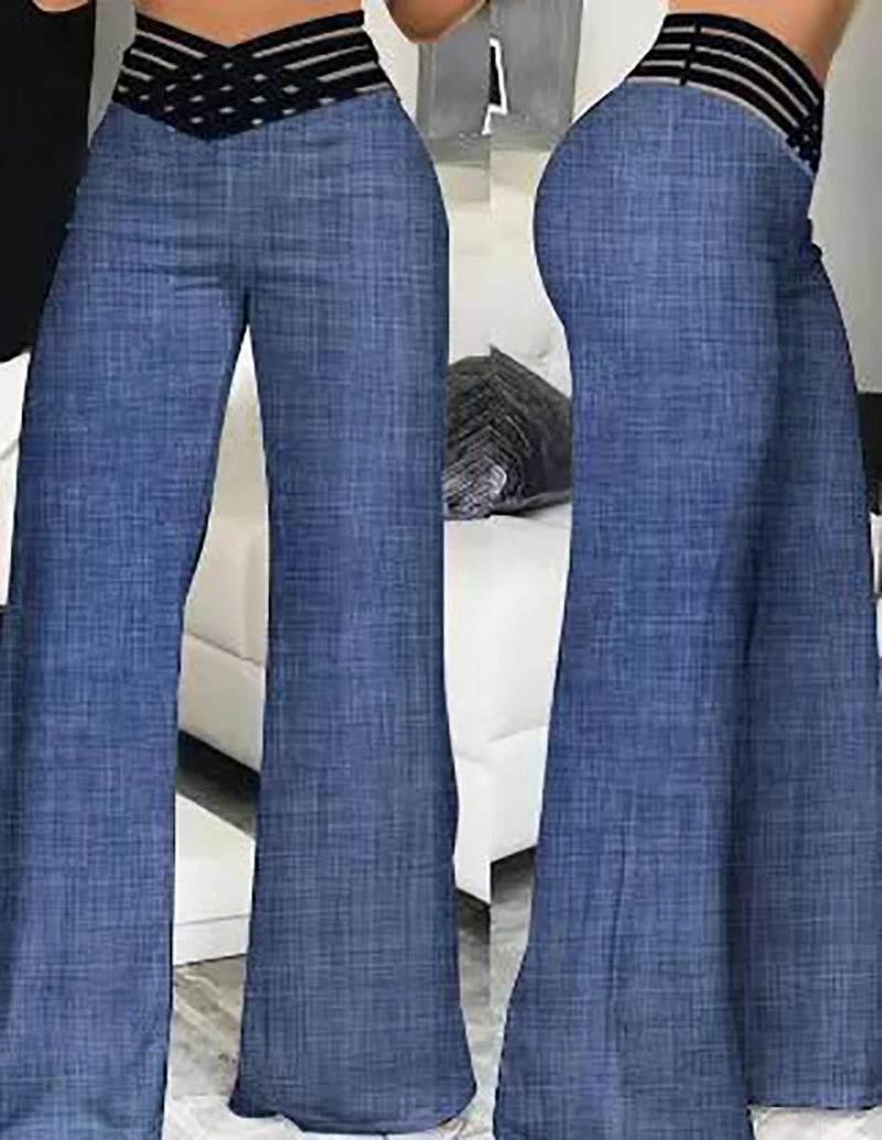 Women Flared Pants Elegant Office Lady Casual High Waist Trousers Spring Summer Solid Crisscross Sheer Mesh Patch Wide Leg Pant - Empire P.E