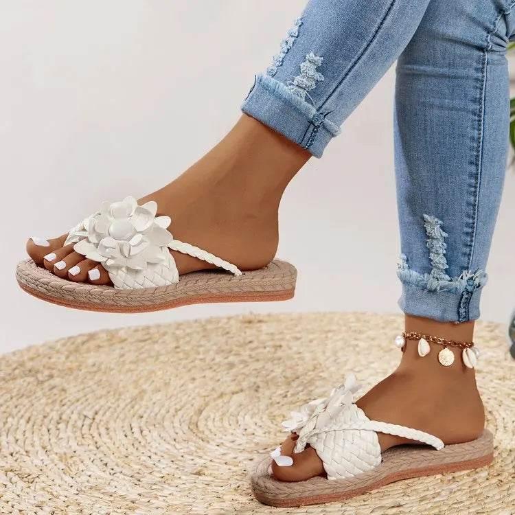 Slippers Women Ombre Floral Pattern Braided Casual Shoes Vacation Flat Holographic Braided Floral Pattern Toe Beach Flip Flops - Empire P.E