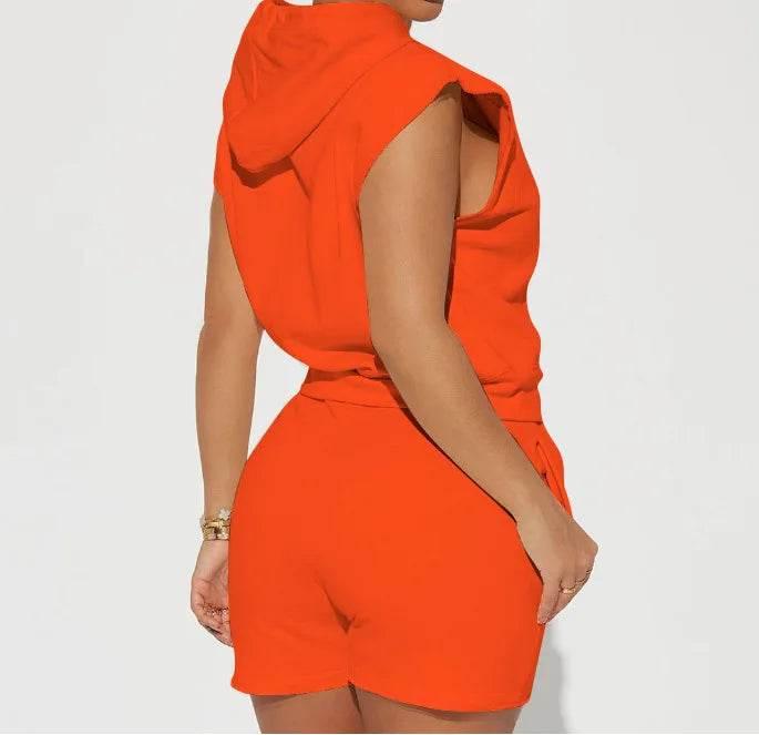 Summer 2024 Women's New Sexy Sleeveless Fashion Casual Sports Short Sleeved Hooded 3/4 Shorts Two Piece Set For Women - Empire P.E