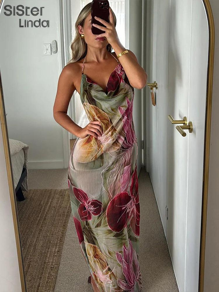 Sisterlinda Autumn Release Junior Ankle-Length Sexy High Street Dress K24D57158Girl Printing Slim Cleavage Backless Fashion Robe - Empire P.E