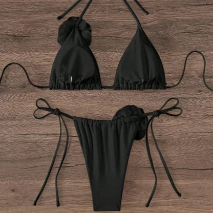 Sexy 3D Flowers Halter Strappy Bikini Swimsuit Two-pieces Bikini Set - Empire P.E