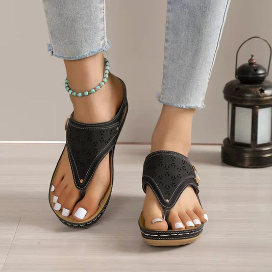 Clip Toe Wedge Heel Sandals for Women Summer Pu Leather Platform Platform Flip Flops Ladies Lightweight Diabetic Walking Sandals - Empire P.E