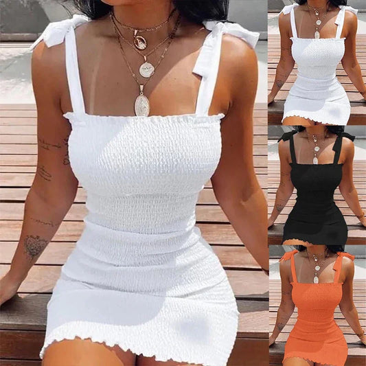 Trendy Solid Strap Short White Dresses Off Shoulder Sexy Skirt Pullover Sheath Mini Summer Beach Female Vest Dress - Empire P.E