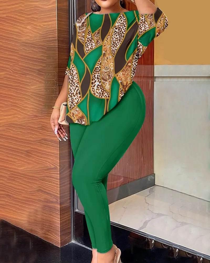 Autumn Women's New Fashion Printed Suit Round Neck Sexy Backless Quarter-sleeved Trousers Casual And Comfortable Two-piece Set - Empire P.E