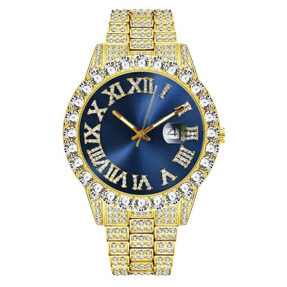 Watch Bracelet Set Hip Hop Stainless Steel Gold Color Calendar Watch for Men Iced Out Paved Rhinestones Men Watch Reloj Hombre - Empire P.E