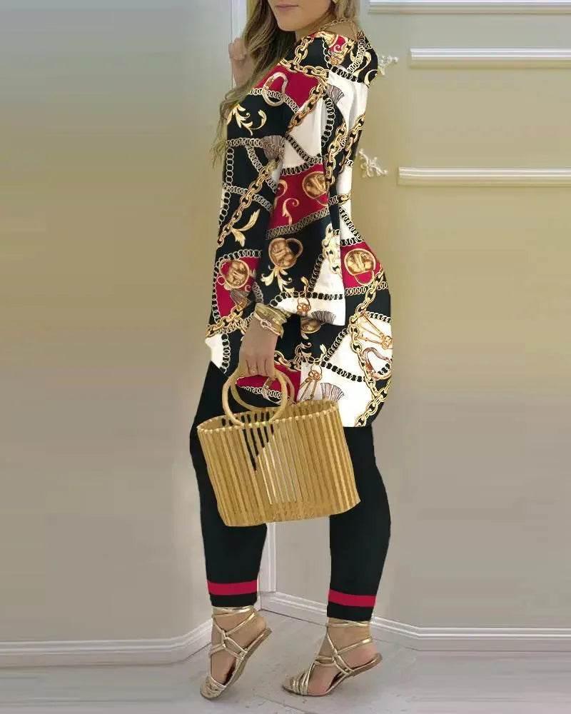 Women Print V Neck Tops Pant Sets Full Sleeve Pullover Two Piece Suit Elastic Waist Trousers Splice Shirts Autumn Regular Fit - Empire P.E