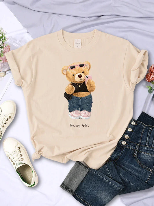 Street Teddy Bear Selfie Swag Girl Funny Printed T-Shirts - Empire P.E