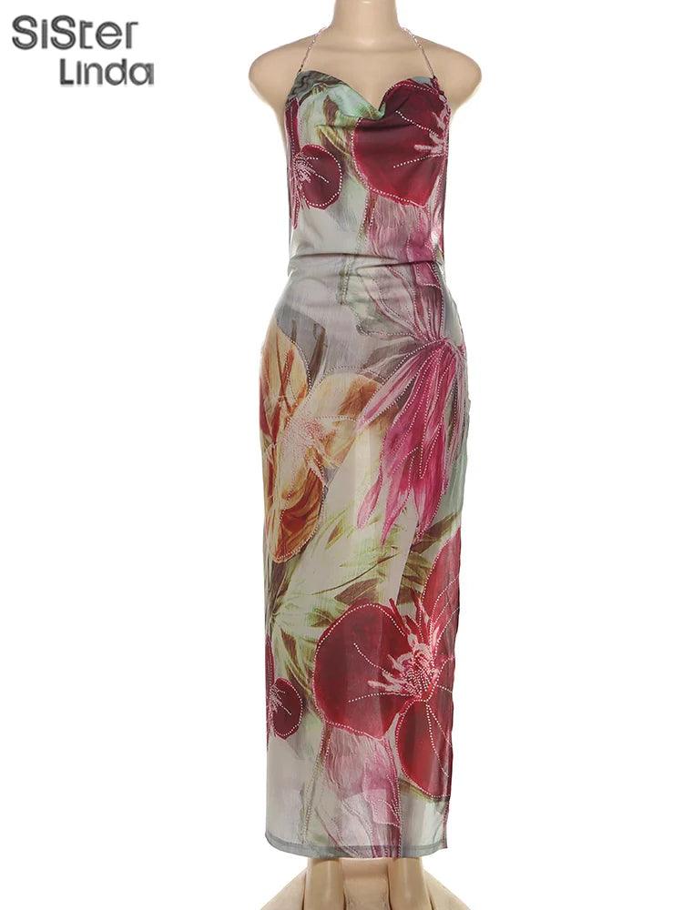 Sisterlinda Autumn Release Junior Ankle-Length Sexy High Street Dress K24D57158Girl Printing Slim Cleavage Backless Fashion Robe - Empire P.E