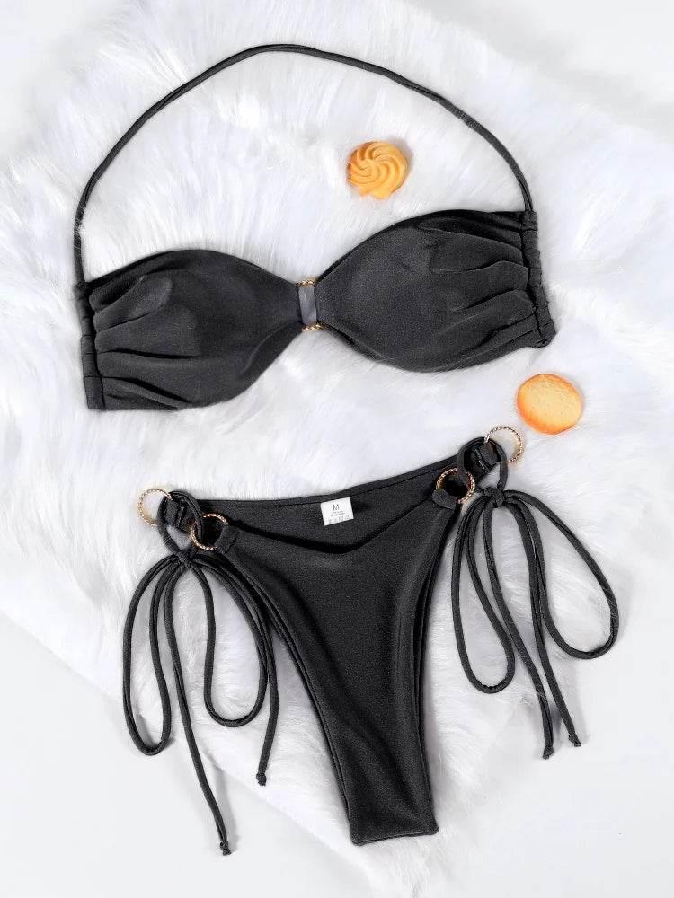 Solid Color Bikinis Push Up Swimwear Women Halter Bikini Set - Empire P.E