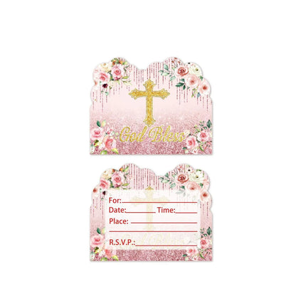 10Guests Pink Cross Baby Communion Party Supplies Flower God Bless Tableware Paper Plates Cups Baptismal Party Decor Baby Shower