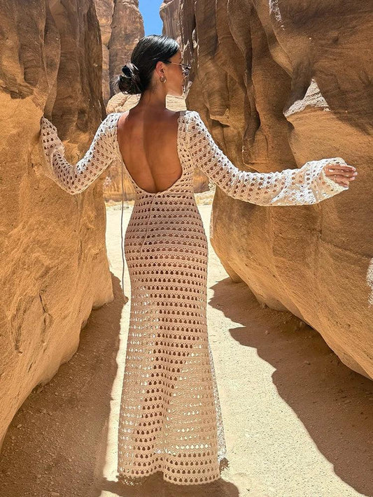 Sexy Knit Mesh Backless Beach Maxi Dress 2025