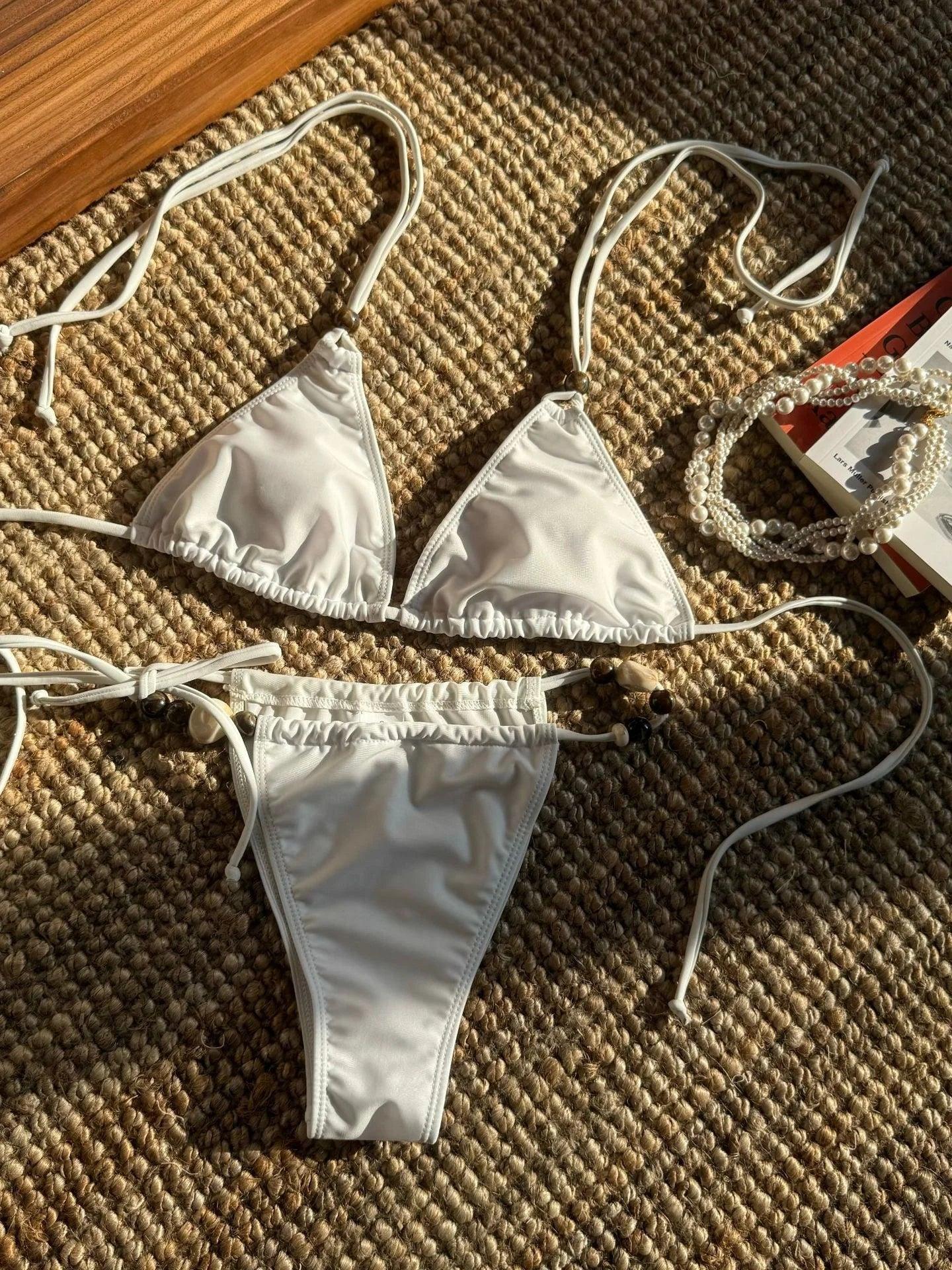 Women Solid Halter Push Up Bra Tie Side Triangle Swimsuit - Empire P.E