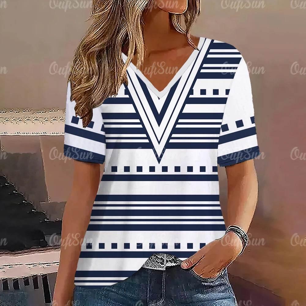 Women's T-Shirt Summer Stripe Short Sleeve Tee Shirt Fashion Blue V-Neck Female Clothing Casual New T-Shirt for Women Pullover - Empire P.E