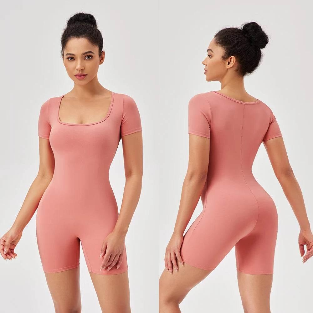Fashion Women Yoga Suit Short Sleeve Gym Sports Jumpsuit Solid Color Workout Yoga Bodysuit Square Neck Yoga Set Sportswear - Empire P.E