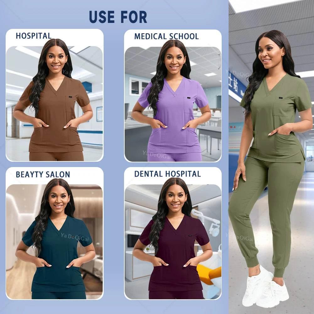 Stretch Scrubs Women Set Nursing Uniforms Clinical Scrubs Set Nurse Doctor Dustproof Workwear Medical Scrubs Top+ Jogger Pants - Empire P.E