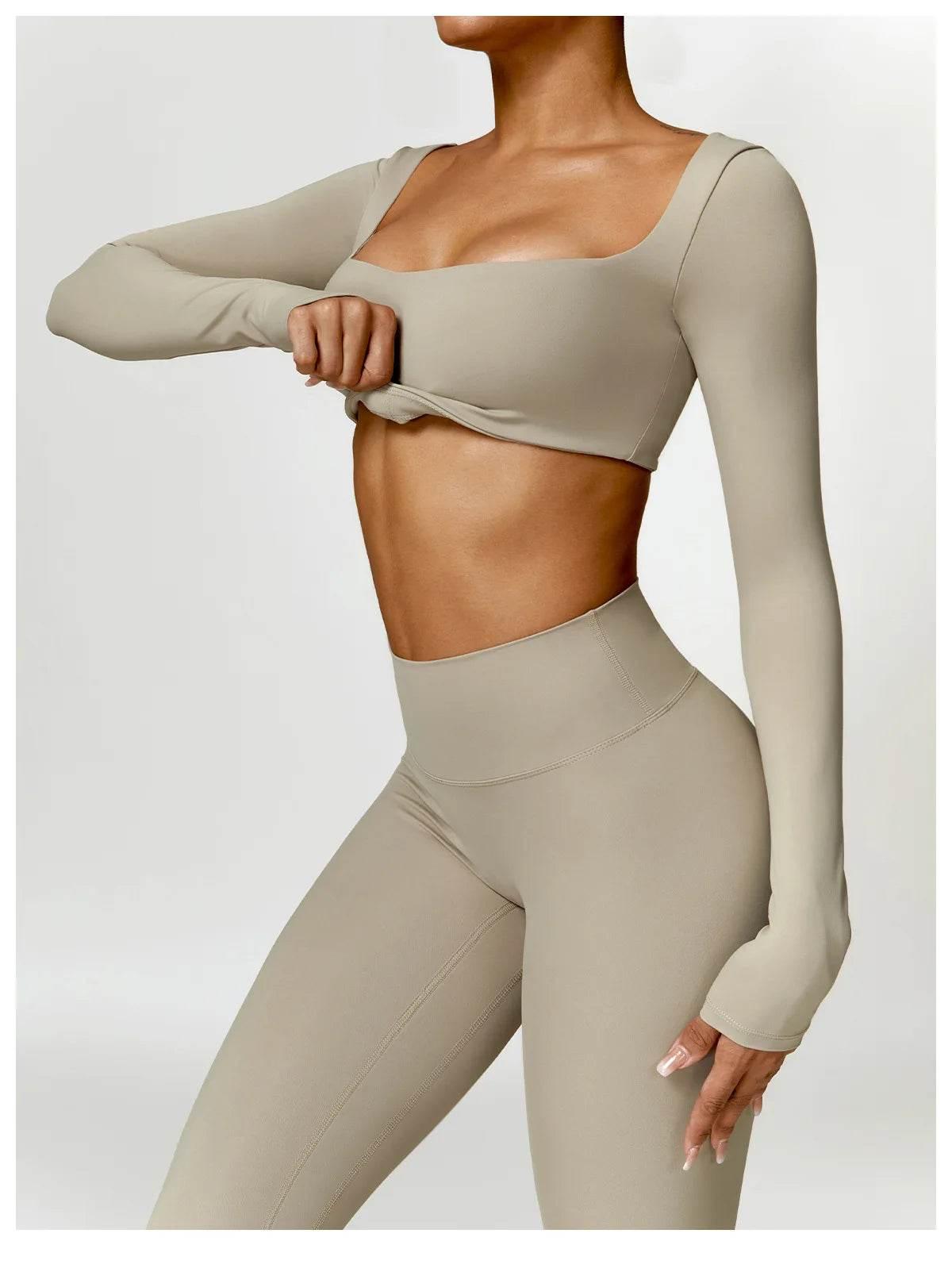 Hearuisavy 2PCS Long Sleeve Gym Set Women Yoga Clothes Quick-Drying Sportswear Running Leggings Workout Sports Crop Top Women - Empire P.E