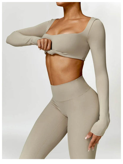 Hearuisavy 2PCS Long Sleeve Gym Set Women Yoga Clothes Quick-Drying Sportswear Running Leggings Workout Sports Crop Top Women - Empire P.E