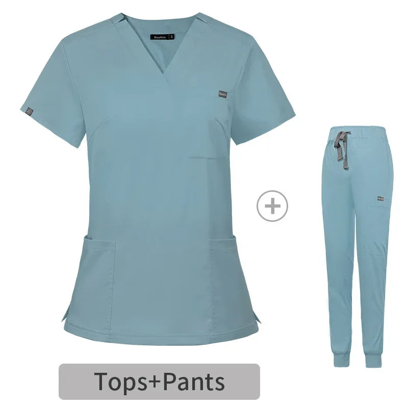 Multicolor Scrubs Uniform Short Sleeve Tops+Pants Set - Empire P.E