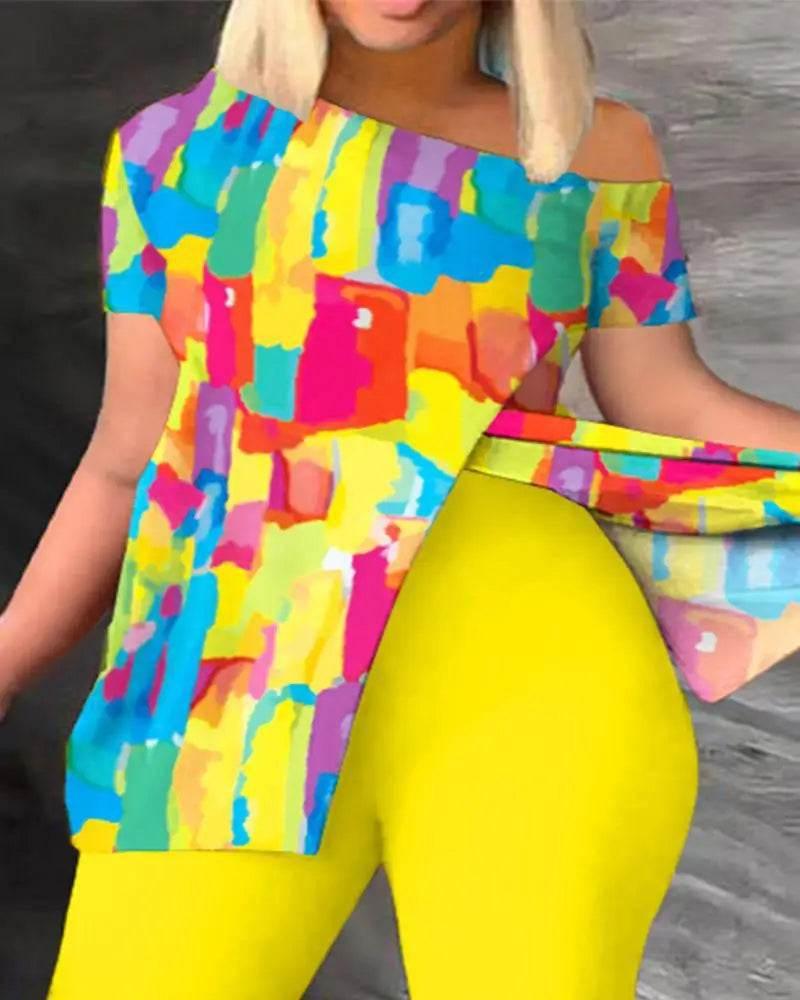 Elegant Women Two Piece Set Suits New Fashion Printed Ruffle Sleeve Top Solid Color Pants Set With Belt Blouses Female Clothing - Empire P.E