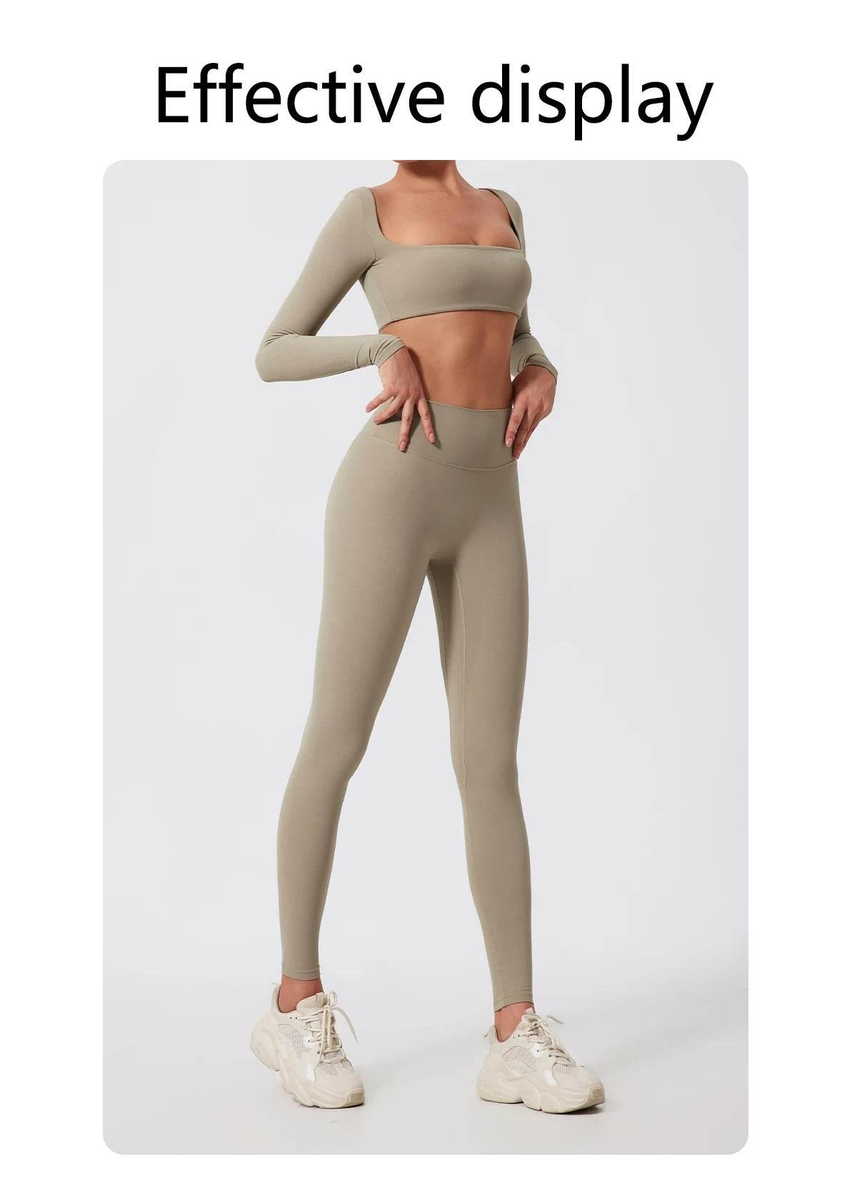 Hearuisavy 2PCS Long Sleeve Gym Set Women Yoga Clothes Quick-Drying Sportswear Running Leggings Workout Sports Crop Top Women - Empire P.E