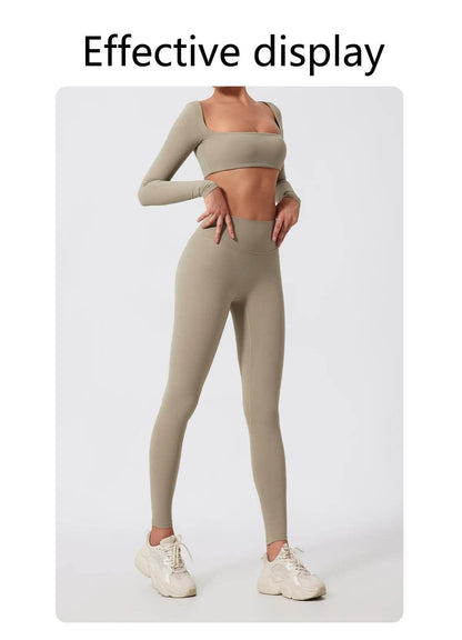 Hearuisavy 2PCS Long Sleeve Gym Set Women Yoga Clothes Quick-Drying Sportswear Running Leggings Workout Sports Crop Top Women - Empire P.E