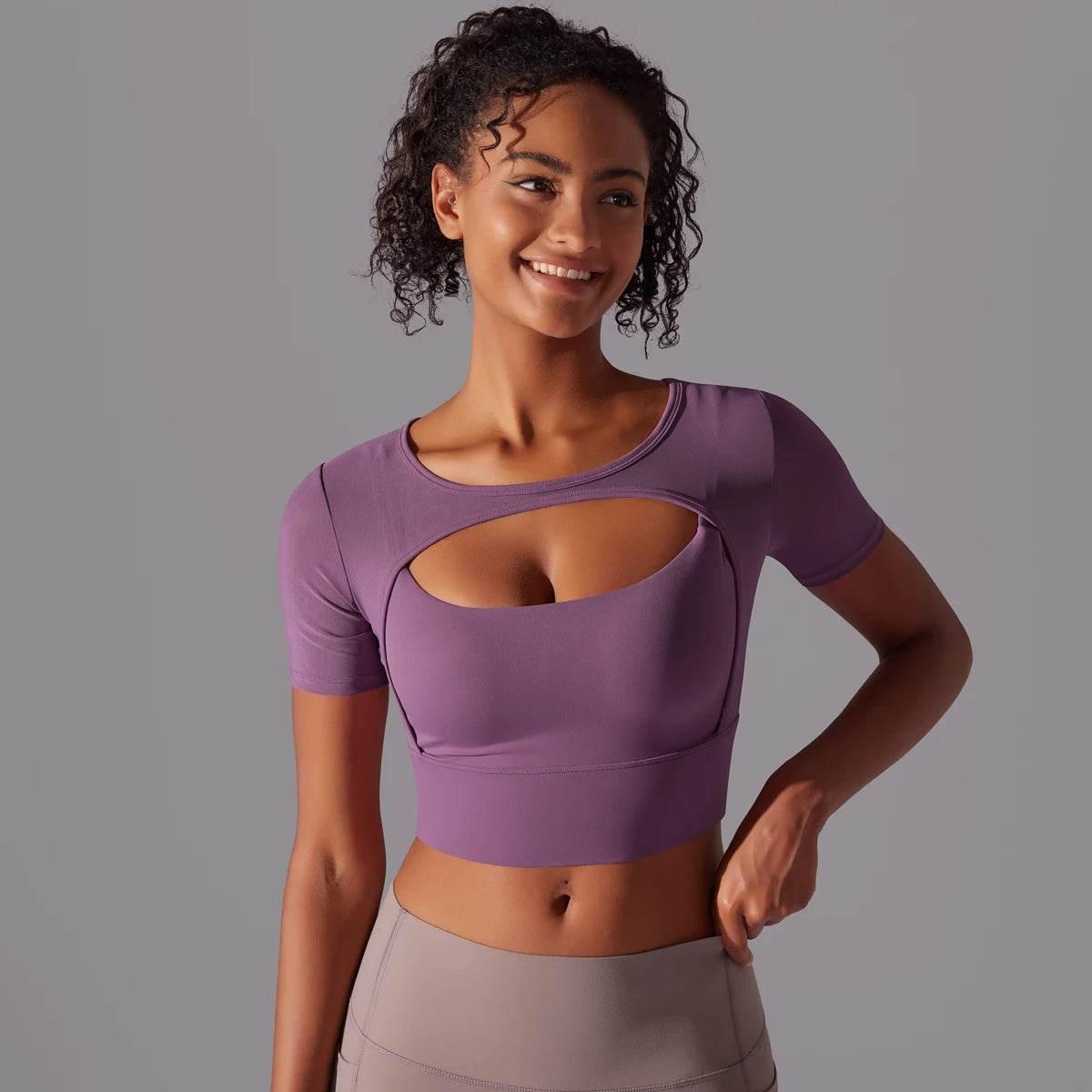Solid Color Yoga Short Sleeve Sexy Double Layer Yoga Tank Top Spliced Mesh Yoga Clothing Top Fitness Running Sports Bra Women - Empire P.E