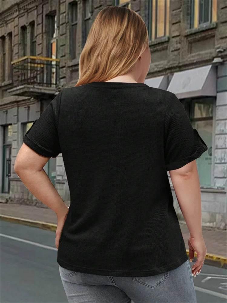 plus sizebutton decorative t-shirt, casual V-neck short-sleeved t-shirt, women's large clothing - Empire P.E