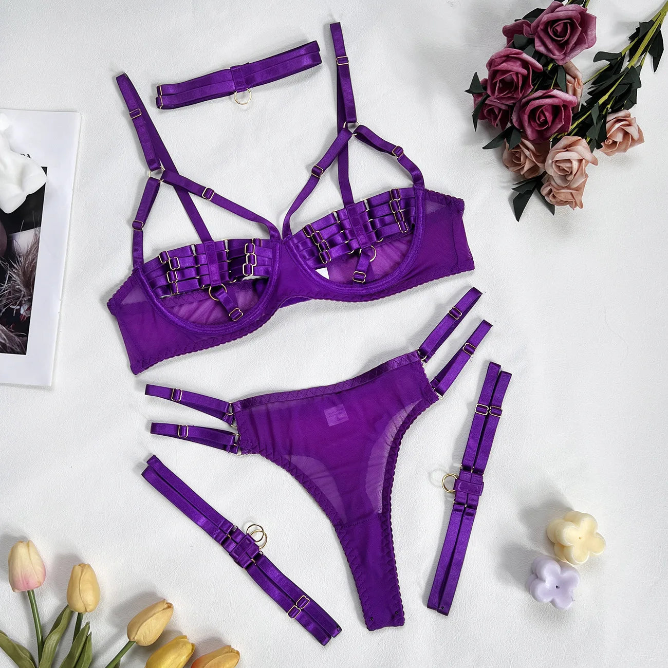 Yimunancy 4-Piece Bandage Erotic Set Women Choker Cut Out Solid Vintage Purple Sexy Lingerie Set Breif Kit - Empire P.E