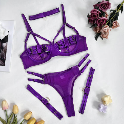 Yimunancy 4-Piece Bandage Erotic Set Women Choker Cut Out Solid Vintage Purple Sexy Lingerie Set Breif Kit - Empire P.E