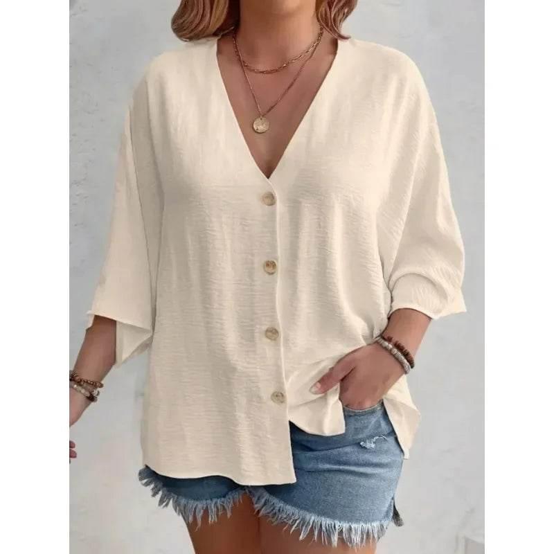 Women's Plus-size T-shirt Solid Color Breathable Spring/summer V-neck Button Travel Casual Wear with European and American Style - Empire P.E