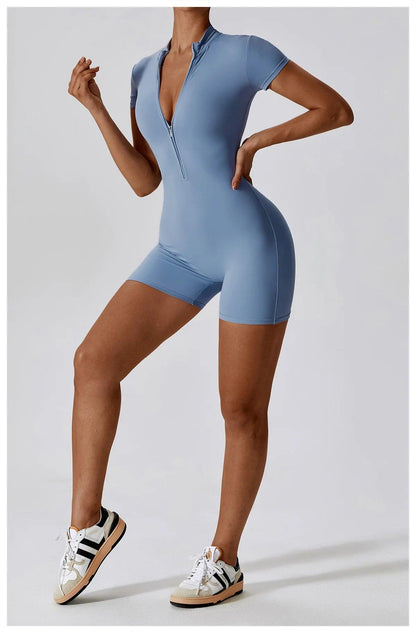 Yoga Set Women's One-Piece Suit Zipper Short Sleeve Gym Push Up Workout Clothes Fitness Short Bodysuit Sportswear Jumpsuits - Empire P.E
