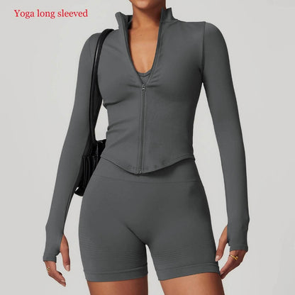 Women Seamless Zipper Jacket Yoga Long Sleeved Gym Top Ribbed Yoga Stand Collar Jacket Running Workout Sport Coat Women's Shirts - Empire P.E